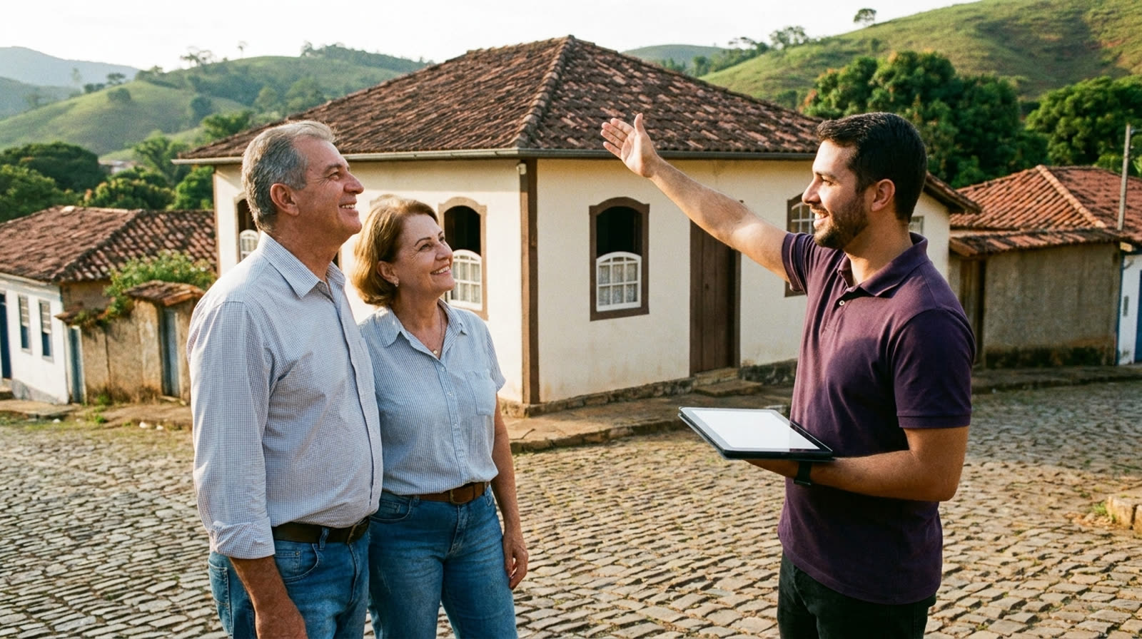 Engenheiro de energia solar mostrando projeto em tablet para casal em frente à casa