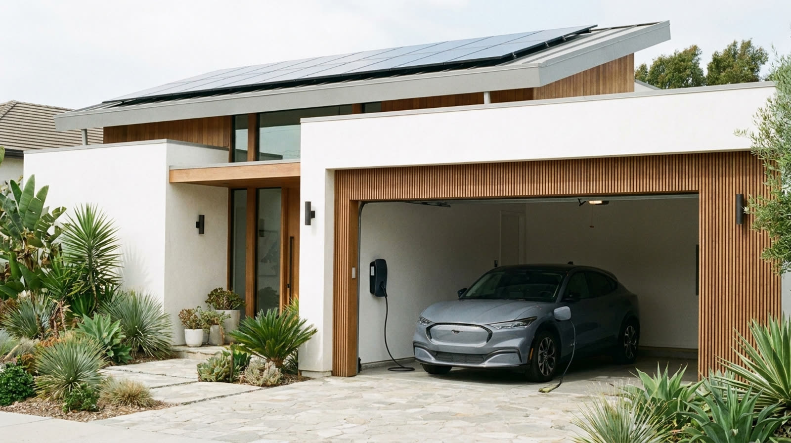 Carro elétrico carregando na garagem de casa moderna com placas solares no telhado