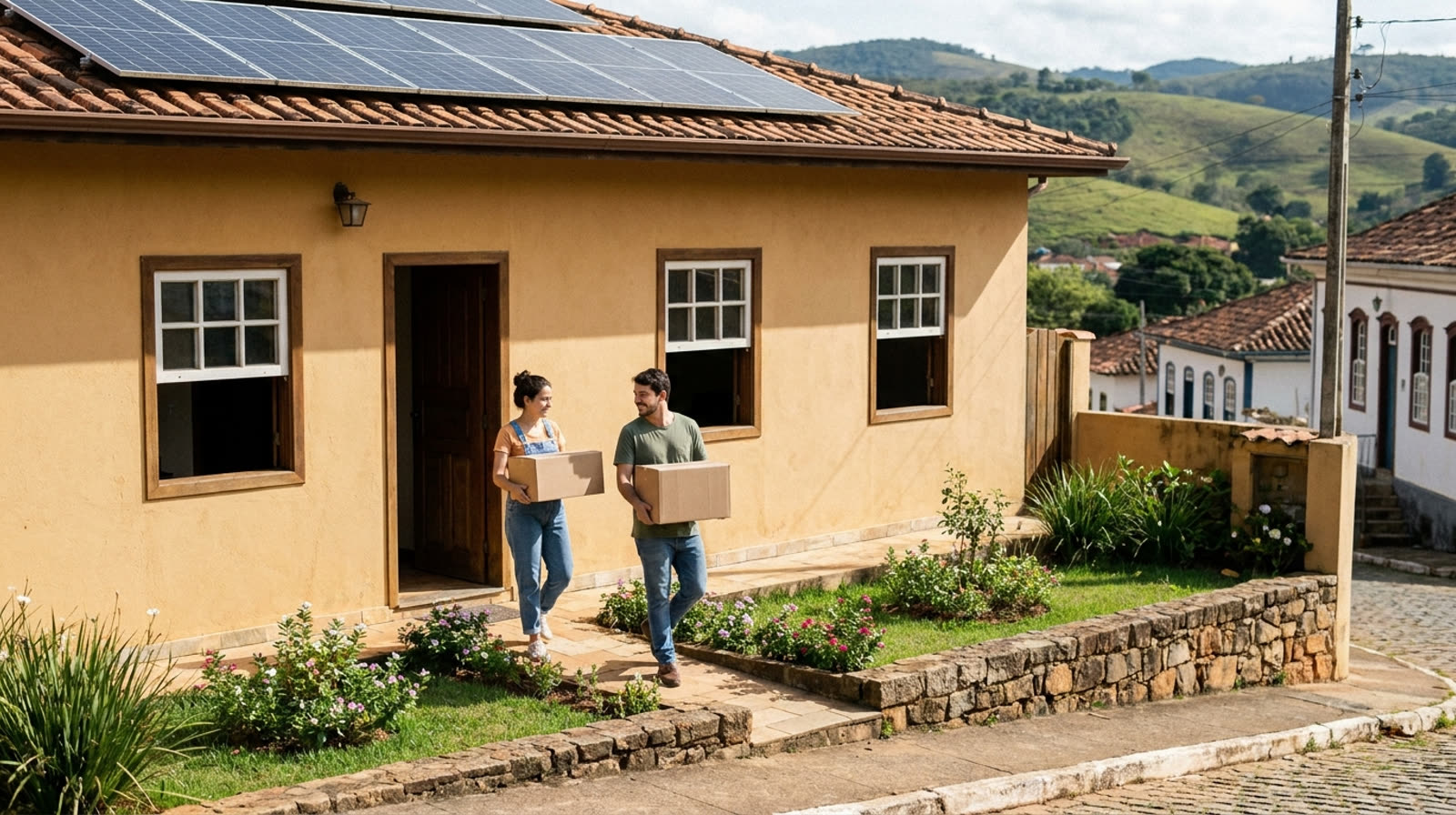 Casal jovem levando caixas de mudança para casa alugada de rua com placas solares no telhado