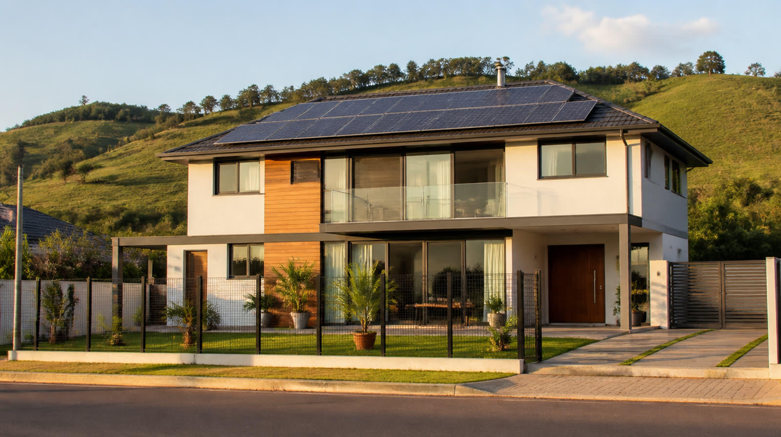Casa moderna de dois andares com placas solares no telhado, vista da rua no fim da tarde