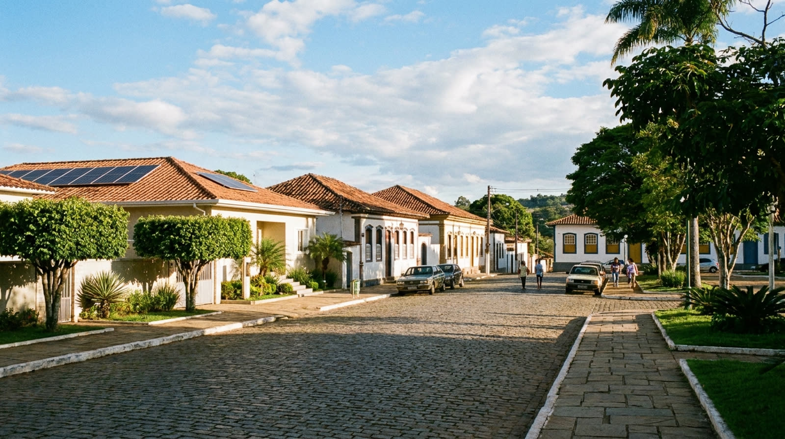 Praça de cidade mineira com casa de classe média com placas solares no telhado ao fundo