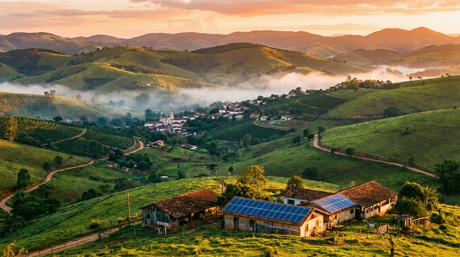 Panorama das serras do Sul de Minas com lavouras de café e casas com placas solares