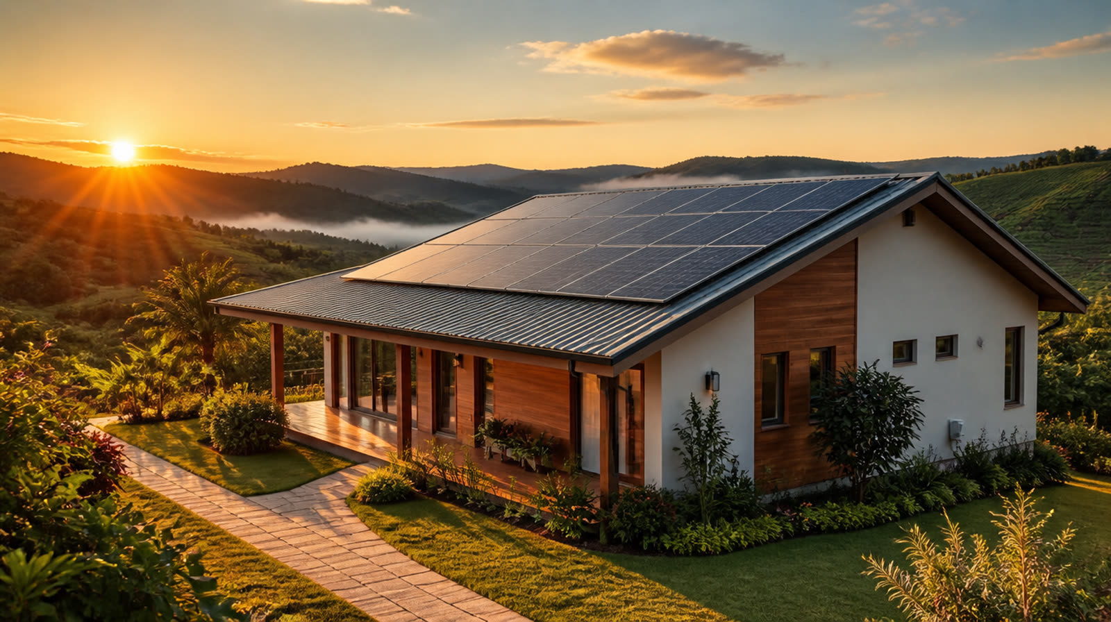 Casa moderna com placas solares no telhado ao pôr do sol, com as montanhas do Sul de Minas ao fundo