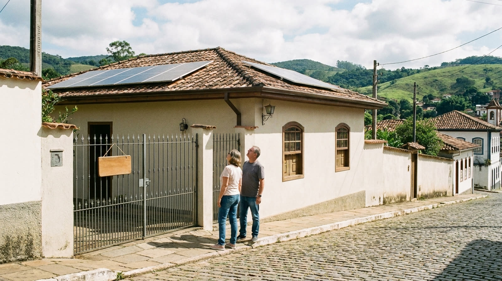 Casal observando casa de rua com placas solares e placa de venda em branco no portão