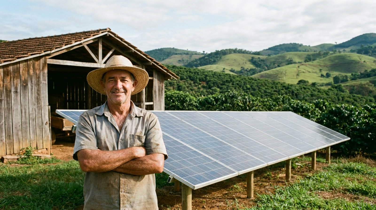 Produtor de café do Sul de Minas em frente a sistema de placas solares instalado no solo