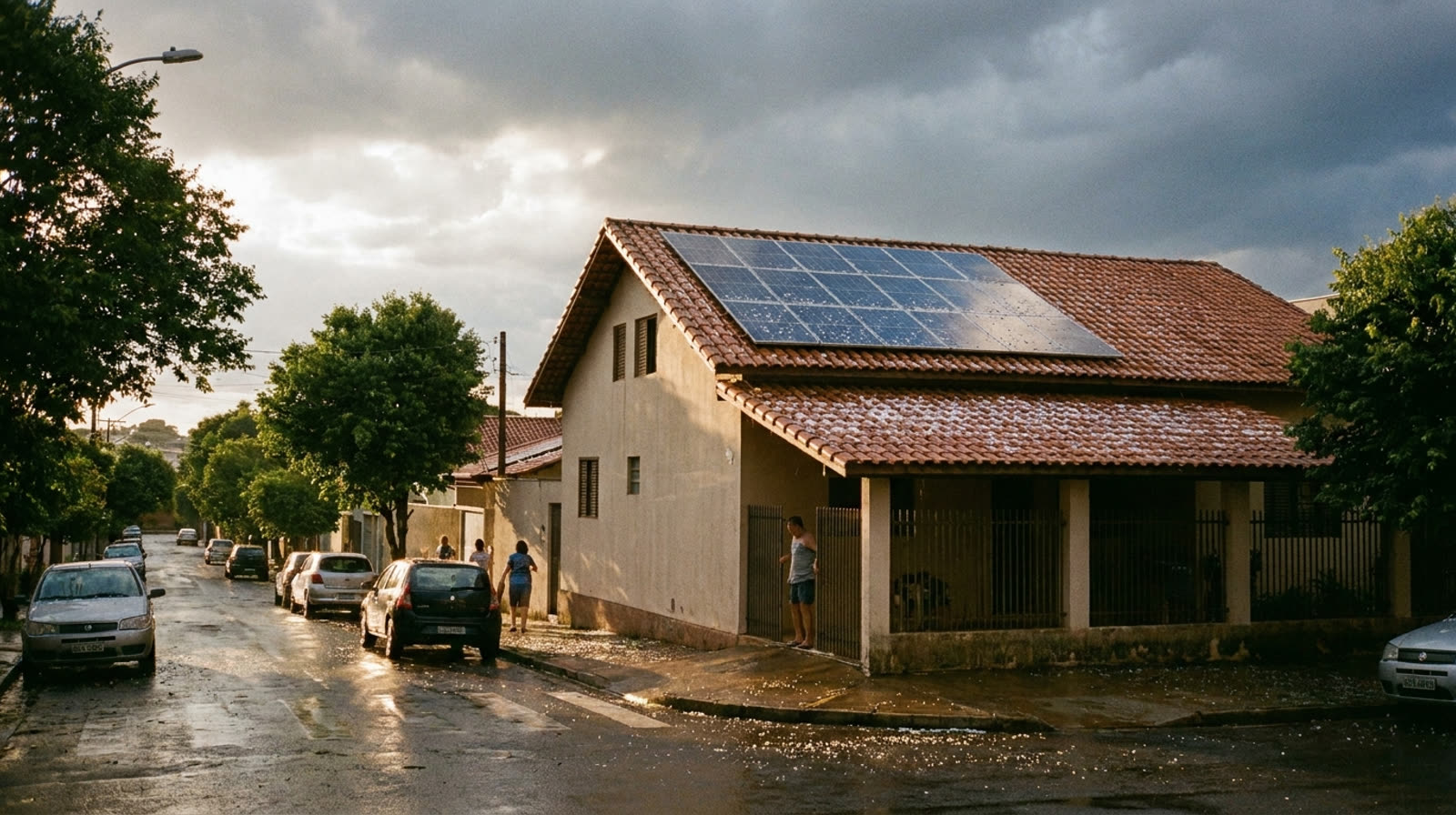 Pedras de granizo sobre telhado e placas solares intactas após tempestade em casa de rua