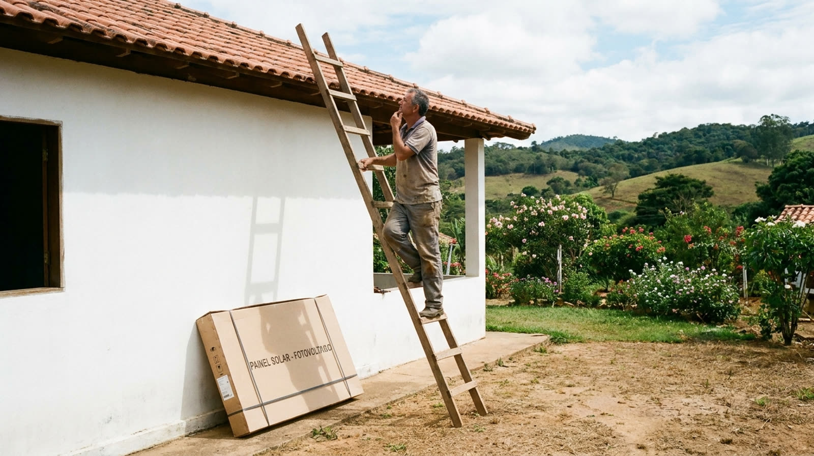 Homem em escada olhando para o telhado de sua chácara com caixa de placa solar ainda fechada