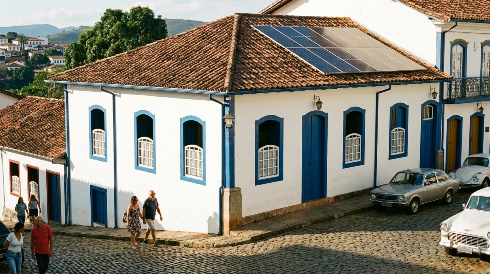 Casa colonial colorida em rua de pedra de cidade histórica mineira com placas solares no telhado