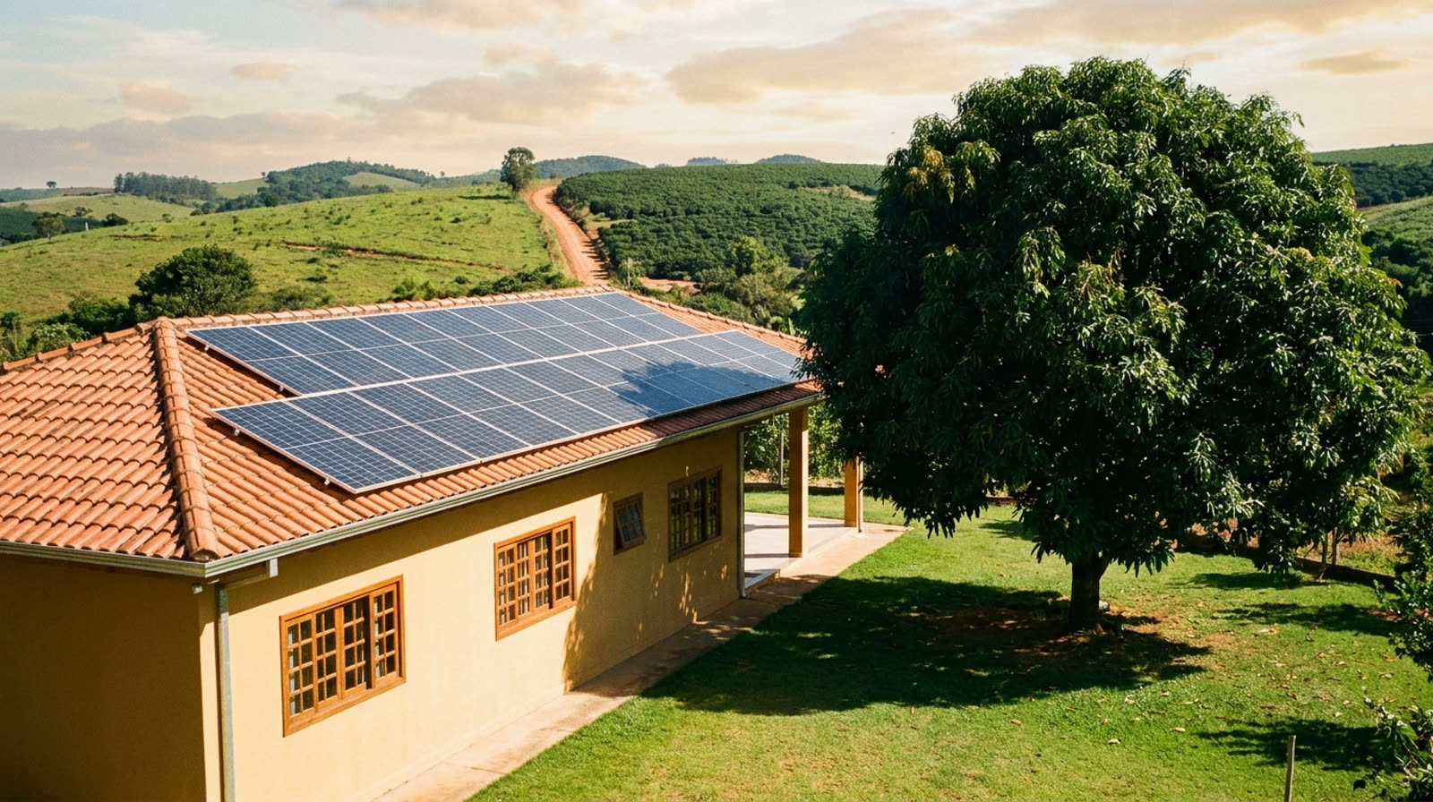 Chácara com placas solares na face norte do telhado e mangueira projetando sombra no quintal
