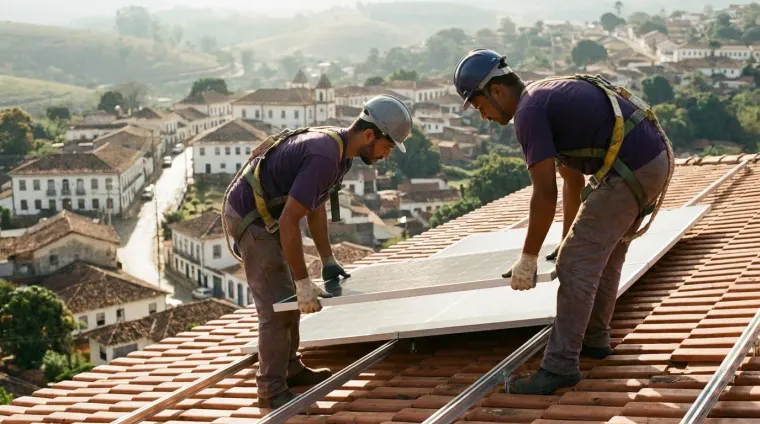 Ilustração: dois instaladores posicionando um módulo em telhado de telha cerâmica