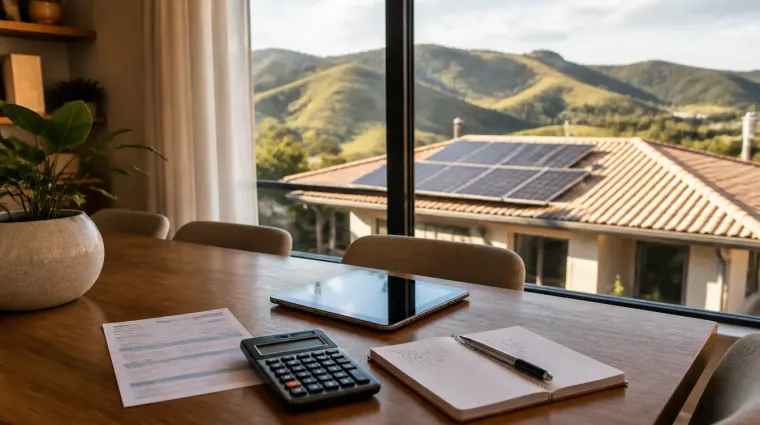 Ilustração: contas de luz e calculadora sobre a mesa, com telhado solar pela janela
