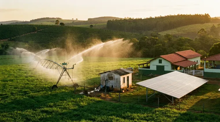 Ilustração: pivô de irrigação em funcionamento ao lado de painéis solares instalados no solo